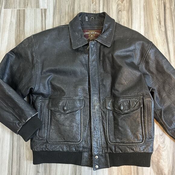 Global Identity G III Leather Bomber Pilot Jacket XL Brown Distressed Biker Coat - Picture 1 of 8